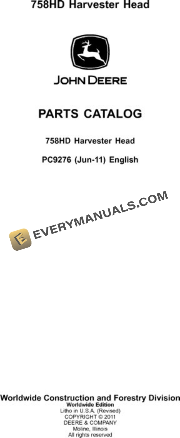 John Deere 758HD Harvesting Head Parts Catalog PC9276