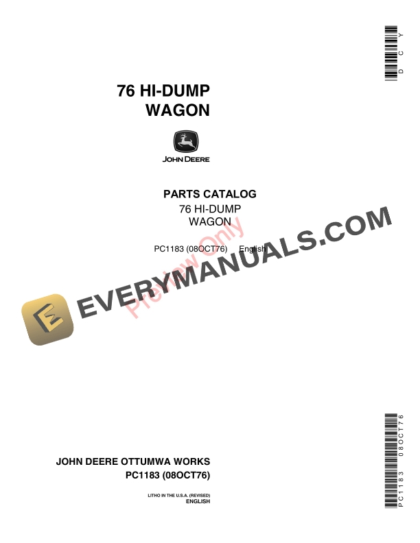 John Deere 76 Hi Dump Wagon Parts Catalog PC1183 08OCT76 1