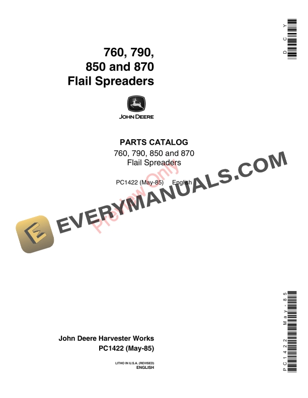 John Deere 760, 790, 850, 870 Flail Spreaders Parts Catalog PC1422 08MAY85