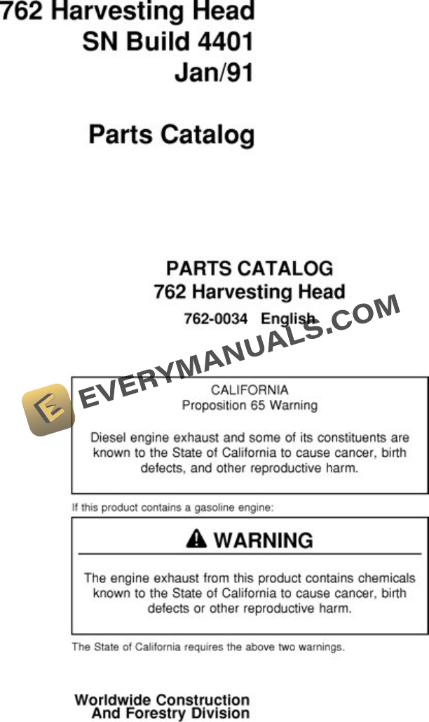 John Deere 762 Harvesting Head Parts Catalog 762-0034