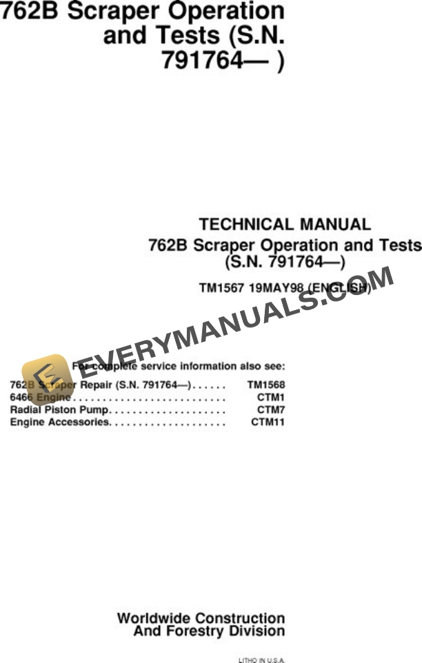 John Deere 762B Scraper Test Manual TM1567