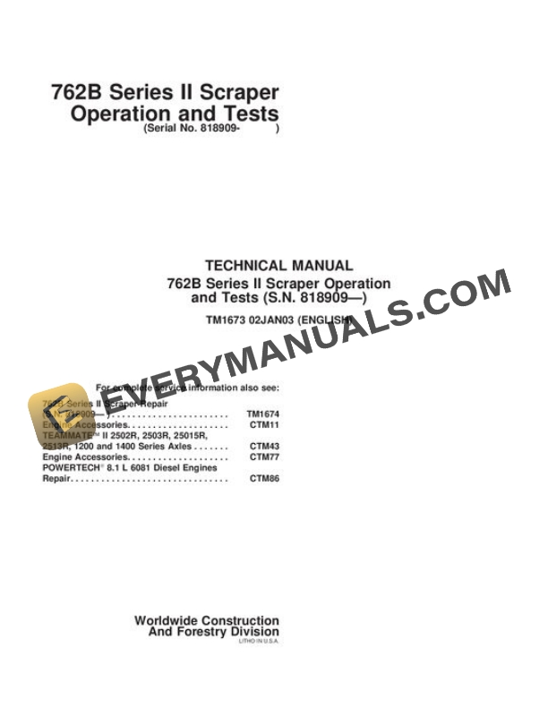 John Deere 762BII Scraper Test Manual TM1673