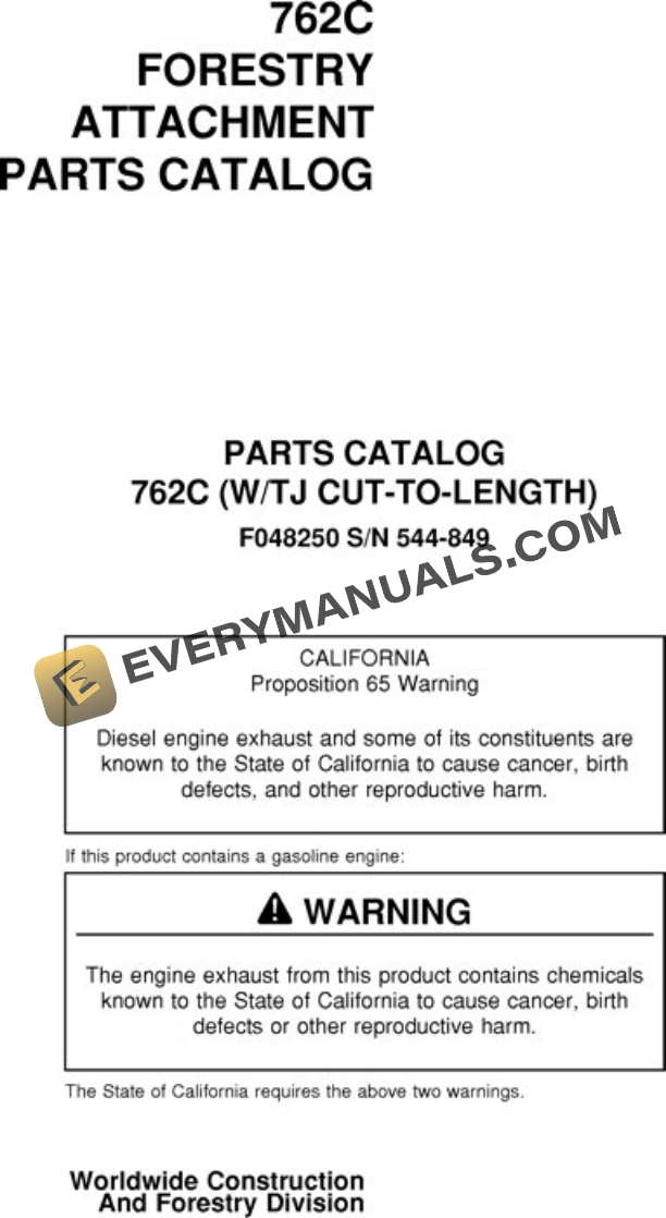 John Deere 762C Harvesting Head Parts Catalog F048250A