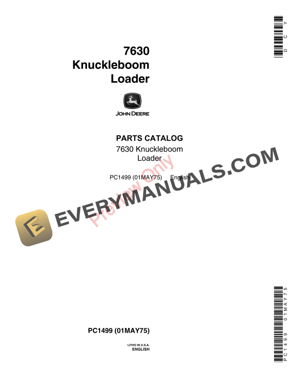 John Deere 7630 Knuckleboom Loader Parts Catalog PC1499 01MAY75