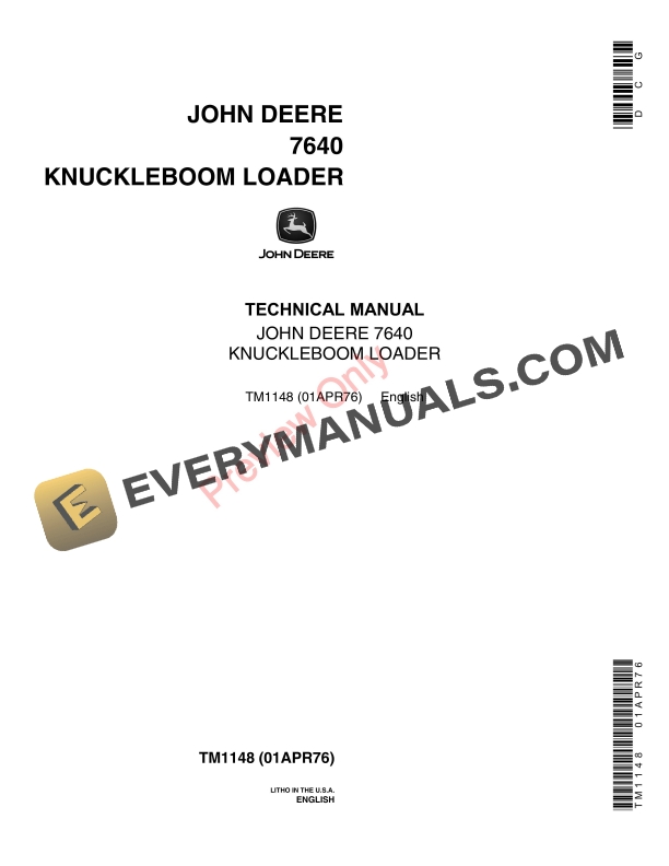 John Deere 7640 KNUCKLEBOOM LOADER Technical Manual TM1148 01APR76