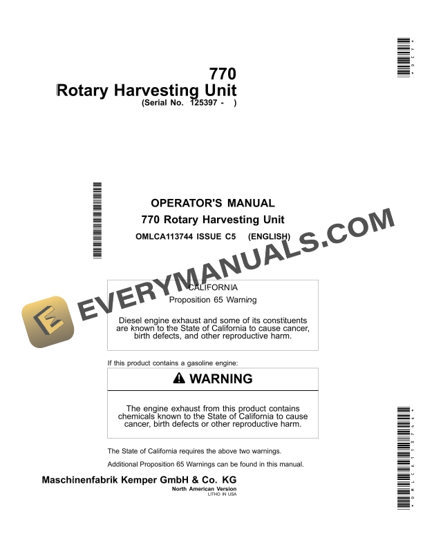 John Deere 770 Rotary Harvesting Unit Operator Manual OMLCA113744 1