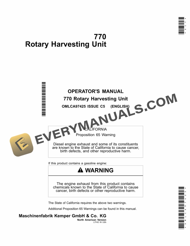 John Deere 770 Rotary Harvesting Unit Operator Manual OMLCA97425 1