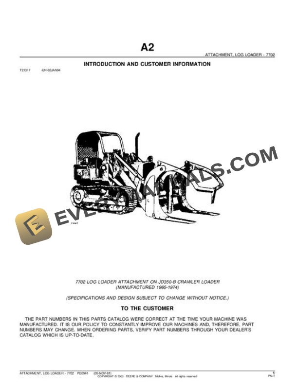 John Deere 7702 350B Attachment Parts Catalog PC941