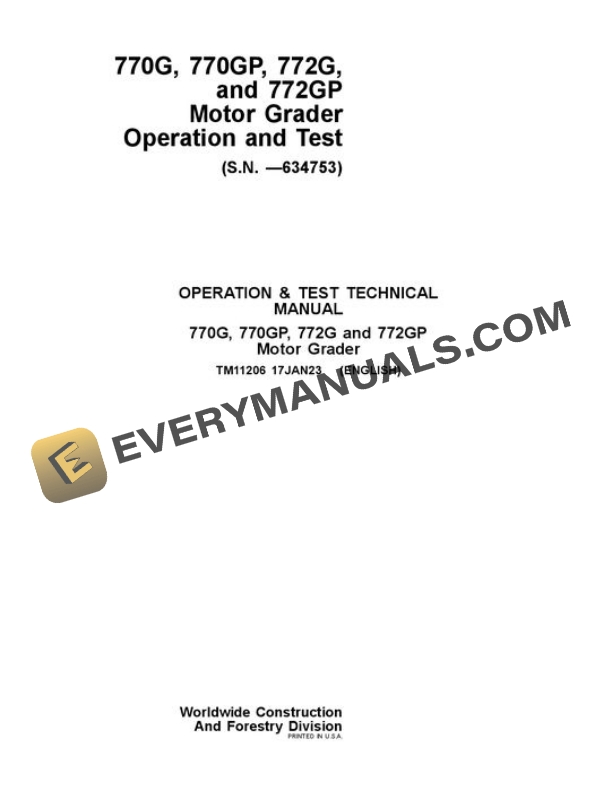 John Deere 770G 770GP 772G 772GP Motor Grader Test Manual TM11206