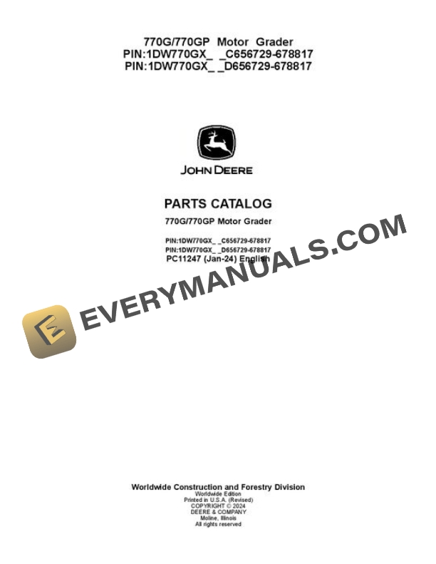 John Deere 770G 770GP Grader Parts Catalog PC11247