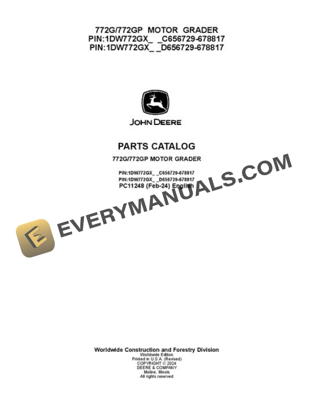 John Deere 772G 772GP Grader Parts Catalog PC11248