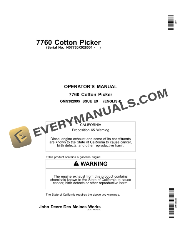 John Deere 7760 COTTON PICKER Operator Manual OMN382995 1