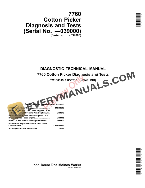 John Deere 7760 Cotton Picker 039000 Diagnostic Technical Manual TM100319 01OCT15 1