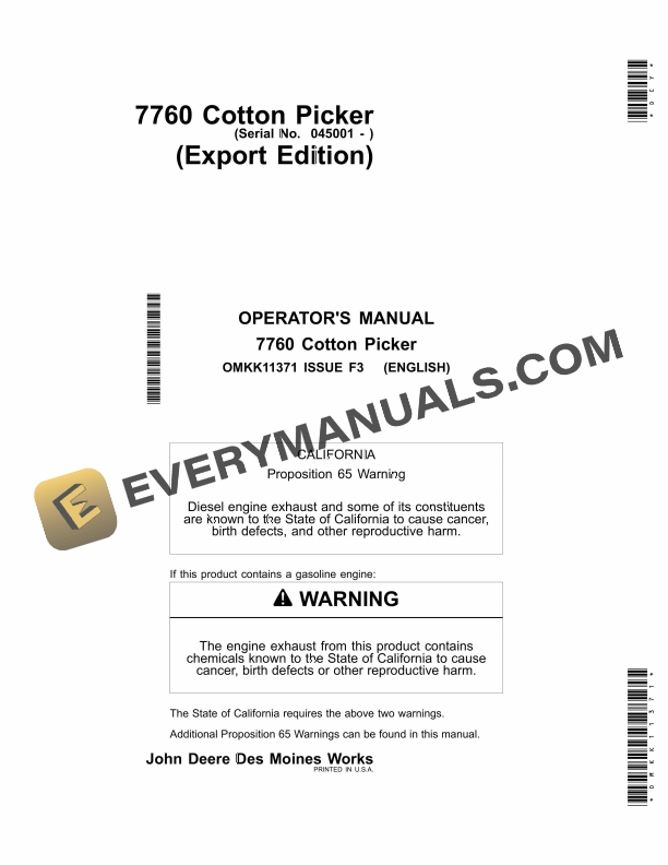 John Deere 7760 Cotton Picker Operator Manual OMKK11371 1 John Deere 7760 Cotton Picker Operator Manual OMKK11371 1