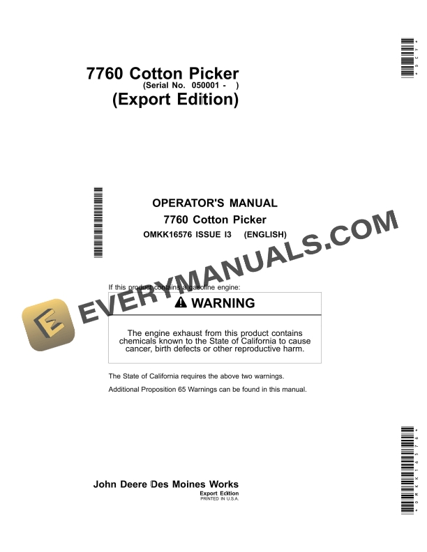 John Deere 7760 Cotton Picker Operator Manual OMKK16576
