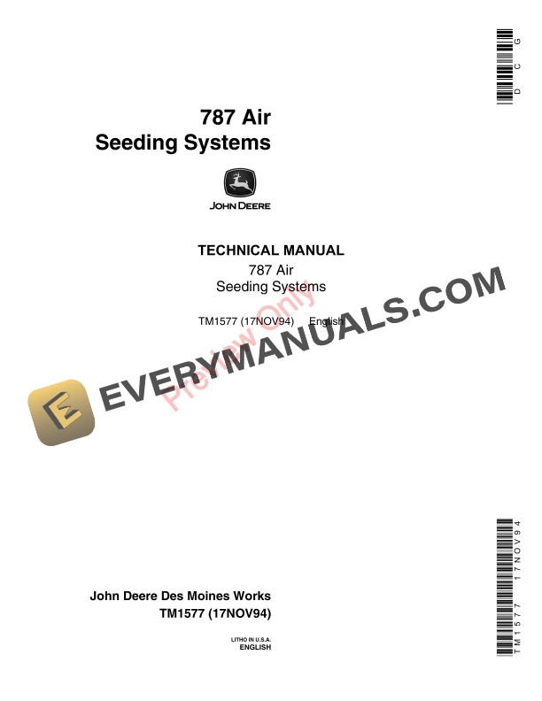 John Deere 787 Air System Seeding 1850 Air Drill Technical Manual TM1577 17NOV94 PDF