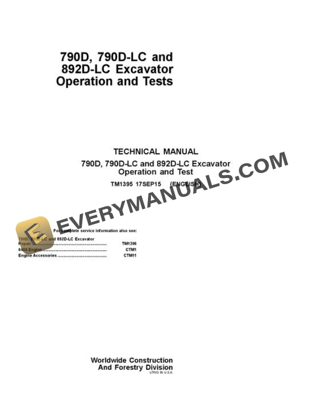 John Deere 790D 790DLC 892DLC Excavator Test Manual TM1395