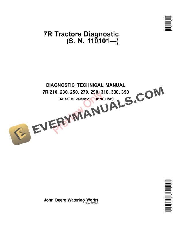 John Deere 7R 210 7R 230 7R 250 7R 270 7R 290 7R 310 7R 330 7R 350 7R Tractors 110101 Diagnostic Technical Manual TM156019 28MAY21 1