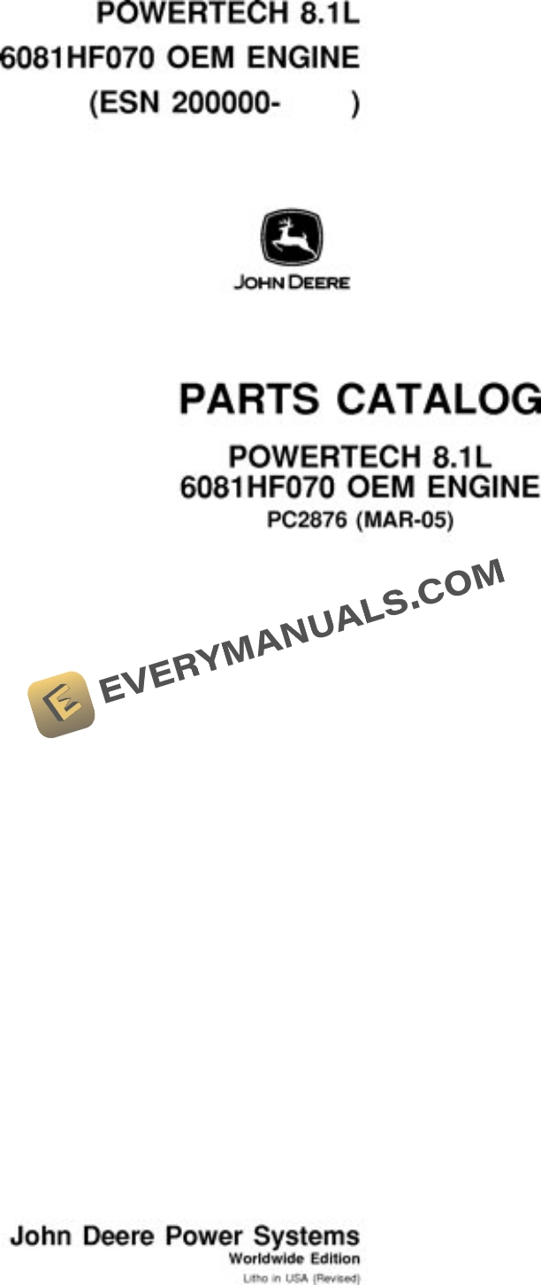 John Deere 8.1L 6081HF070 Engine Parts Catalog PC2876