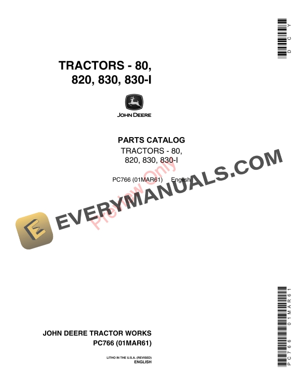 John Deere 80, 820, 830, 830-Industrial Tractors Parts Catalog PC766 01MAR61