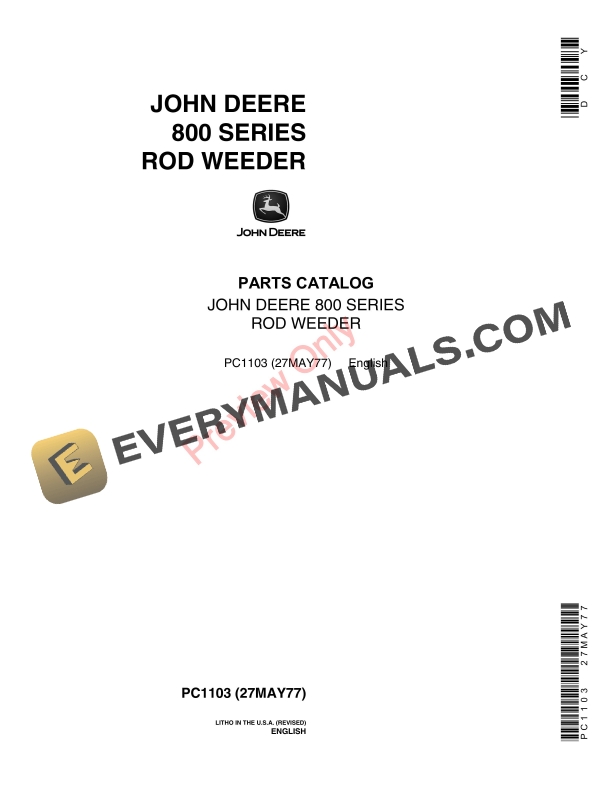 John Deere 800 Series Rod Weeder Parts Catalog PC1103 27MAY77 1