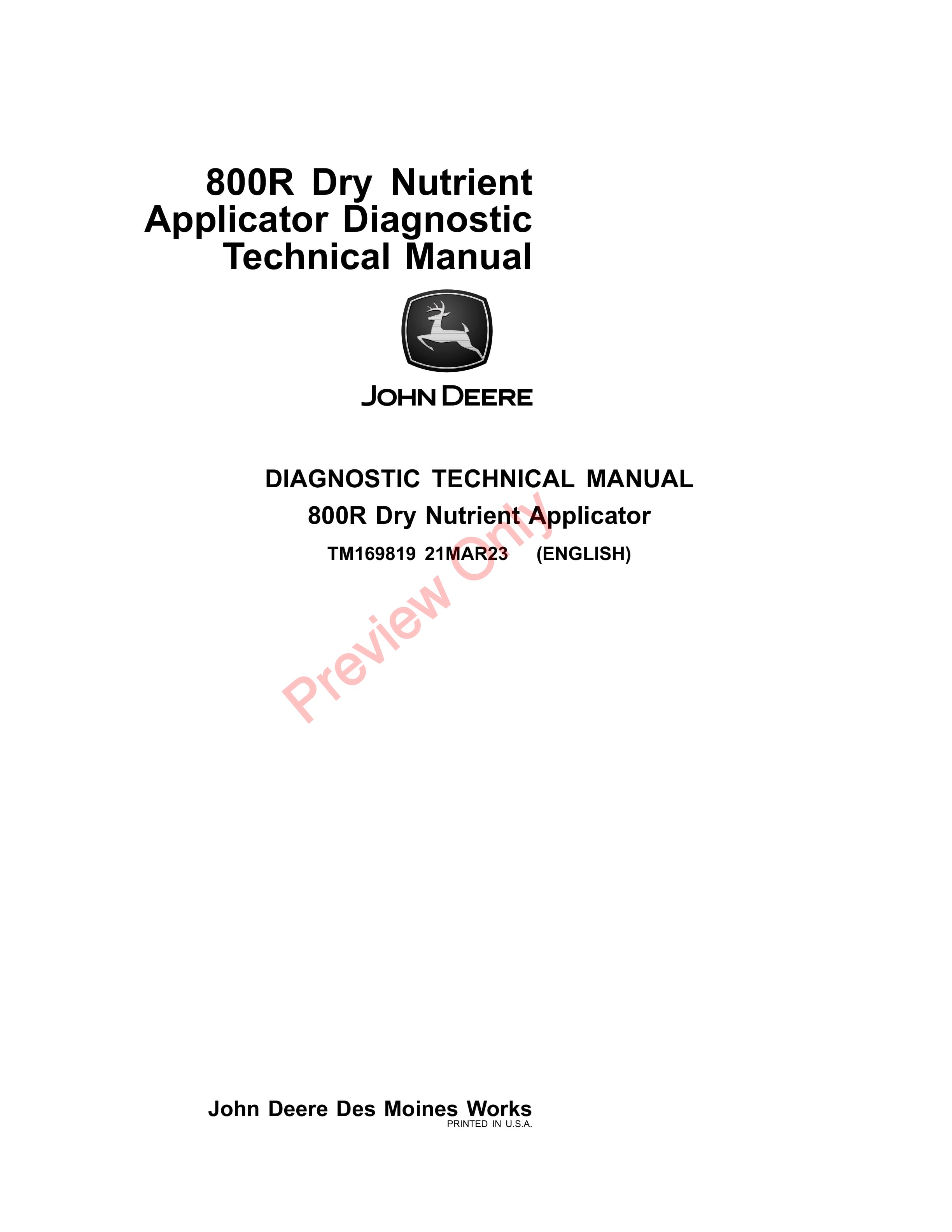 John Deere 800R Dry Nutrient Applicator Diagnostic Technical Manual TM169819 21MAR23 1