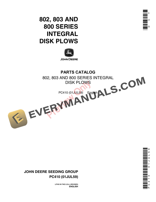 John Deere 802, 803, 800 Series Integral Disk Plows Parts Catalog PC410 01JUL59
