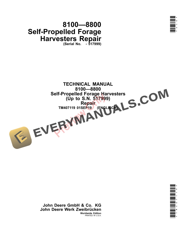John Deere 8100, 8200, 8300, 8400, 8500, 8600, 8700 and 8800 Self Repair Technical Manual TM407119 01SEP19 PDF