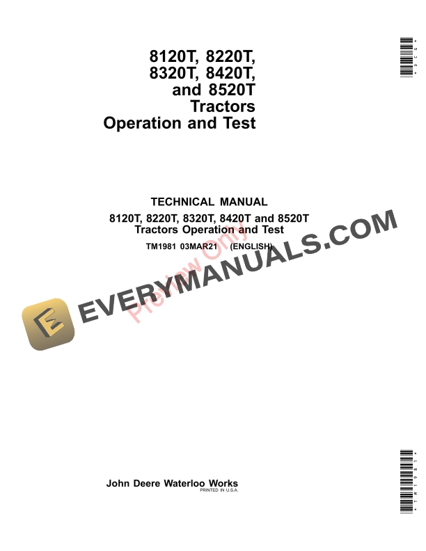 John Deere 8120T 8220T8320T 8420Tand 8520T Tractors Technical Manual TM1981 03MAR21 1