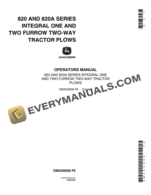 John Deere 820 and 820A Series Integral One and Two Furrow Two-Way Tractor Plows Operator Manual OMA55656