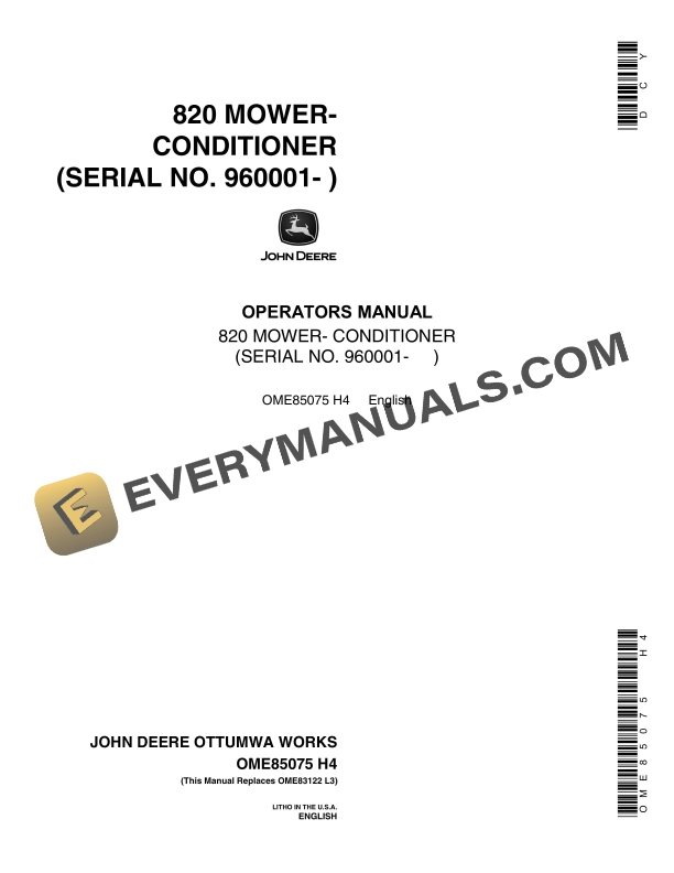 John Deere 820 MOWER CONDITIONER Operator Manual OME85075 1
