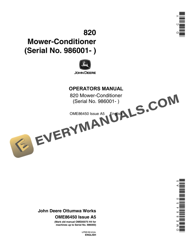 John Deere 820 Mower Conditioner Operator Manual OME86450 1