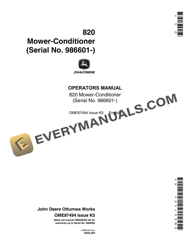 John Deere 820 Mower Conditioner Operator Manual OME87494 1