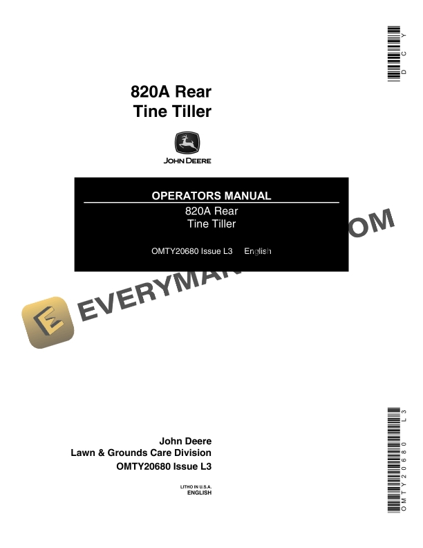 John Deere 820A Rear Tine Tiller Operator Manual OMTY20680 1
