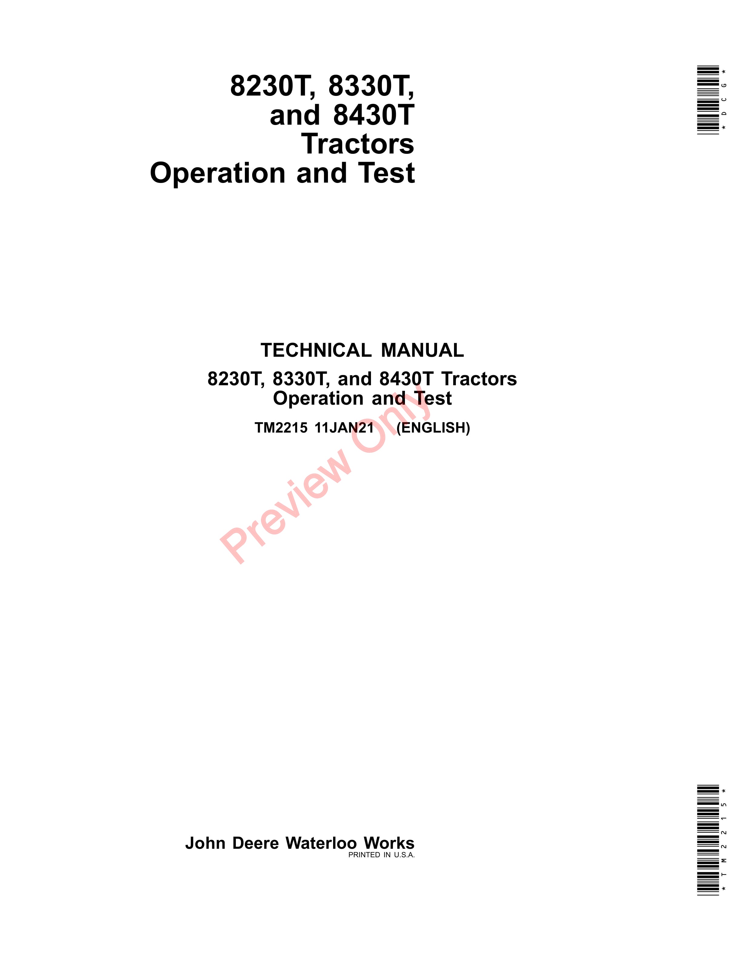 John Deere 8230T 8330T and 8430T Tractors Technical Manual TM2215 11JAN21 1