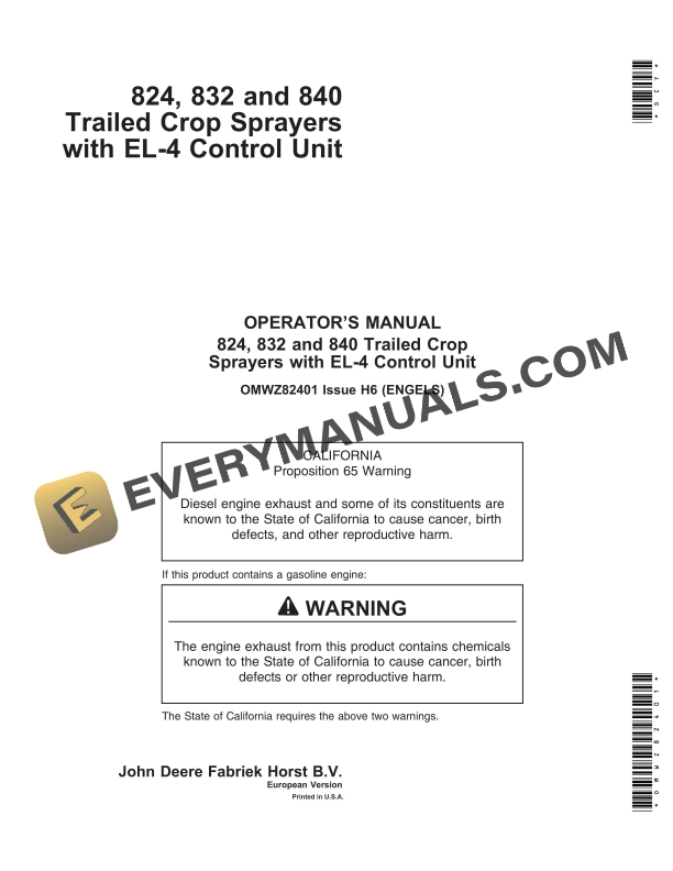 John Deere 824, 832, 840 Trailed Crop Sprayers With EL-4 Control Unit Operator Manual OMWZ82401