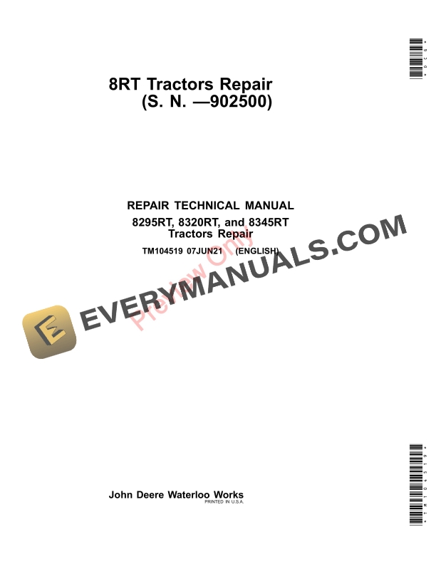 John Deere 8295RT 8320RT 8345RT 8RT Tractors 902500 Repair Technical Manual TM104519 07JUN21 1