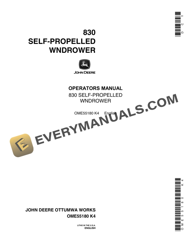 John Deere 830 SELF PROPELLED WINDROWER Operator Manual OME55180 1