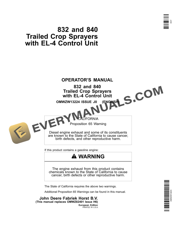 John Deere 832 and 840 Trailed Crop Sprayers with EL­4 Control Unit Operator Manual OMWZW13224 1