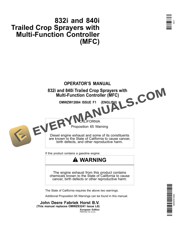 John Deere 832i and 840i Trailed Crop Sprayers with Multi­Function Controller MFC Operator Manual OMWZW12684 1