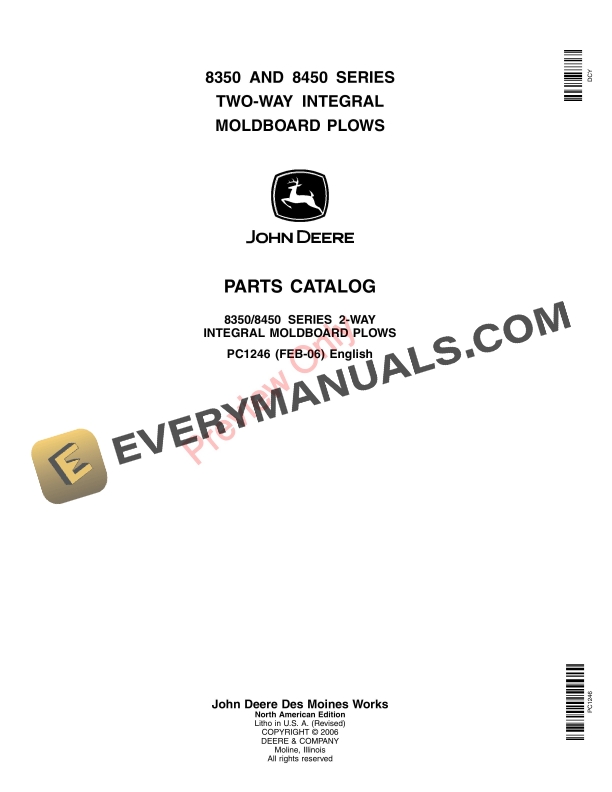 John Deere 8350, 8450 Two-Way Integral Moldboard Plows Parts Catalog PC1246 23FEB06