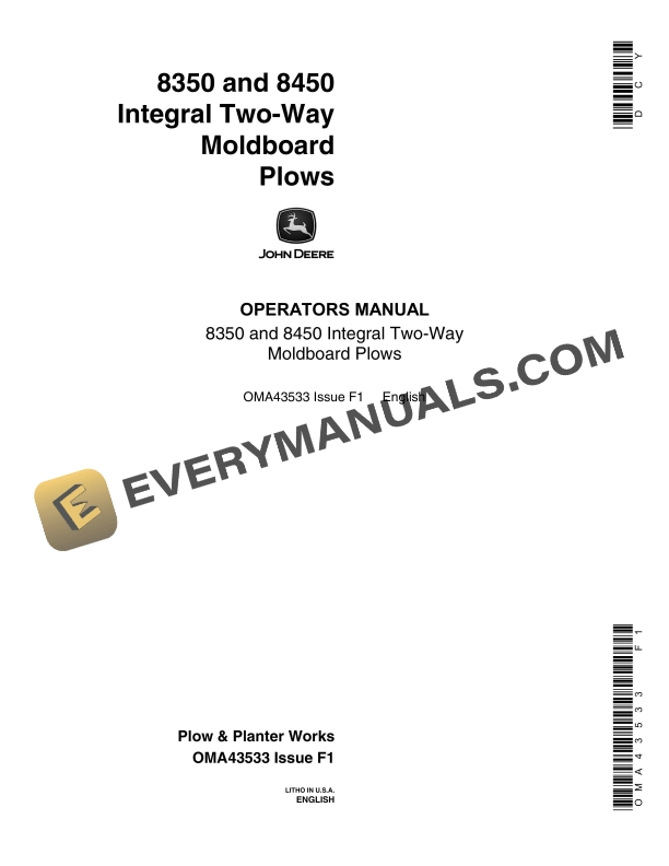 John Deere 8350 and 8450 Integral Two-Way Moldboard Plow Operator Manual OMA43533