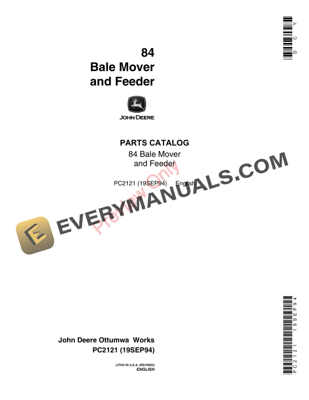 John Deere 84 Bale Mover and Feeder Parts Catalog PC2121 19SEP94