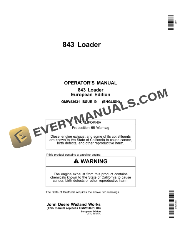 John Deere 843 Loader Operator Manual OMW53631