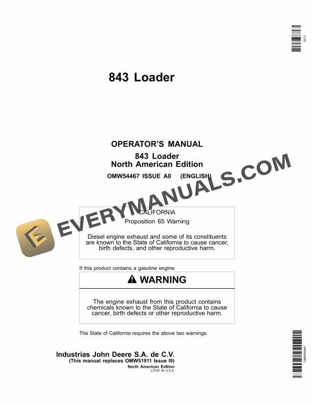 John Deere 843 Loader Operator Manual OMW54467 1