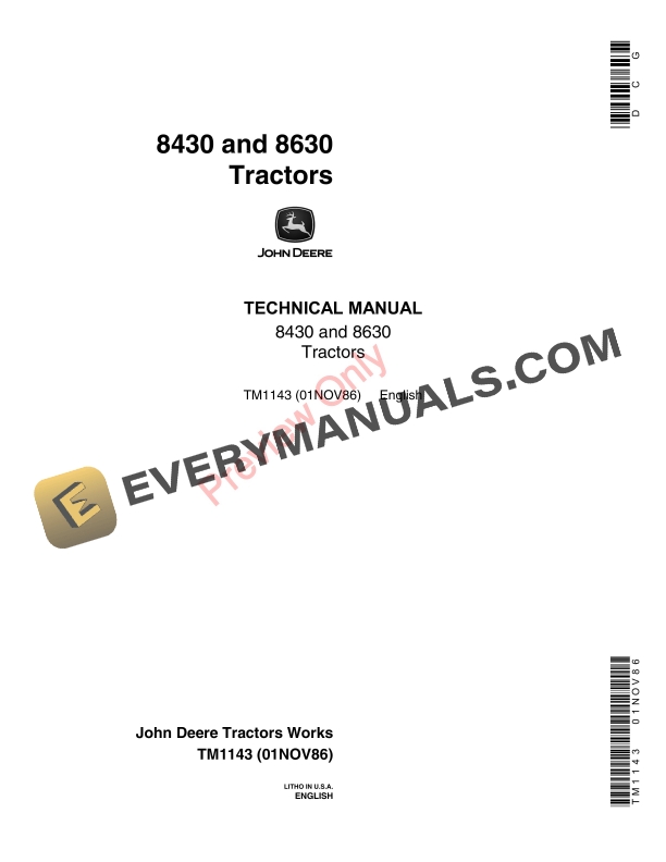 John Deere 8430 8630 4WD Tractors Technical Manual TM1143 01NOV86 1
