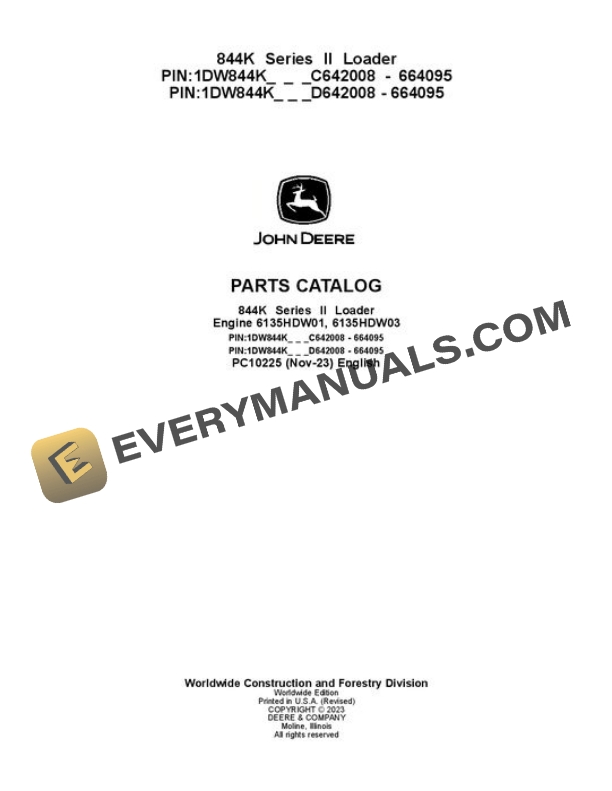 John Deere 844K Loader Parts Catalog PC10225
