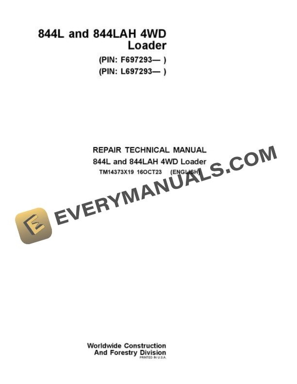 John Deere 844L 844LAH Loader Repair Manual TM14373X19