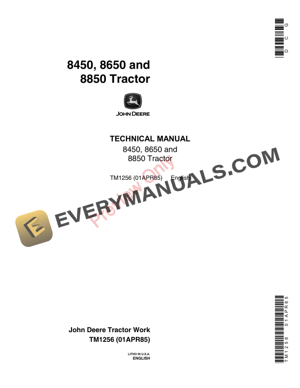 John Deere 8450, 8650 and 8850 Tractors Technical Manual TM1256 01APR85 PDF