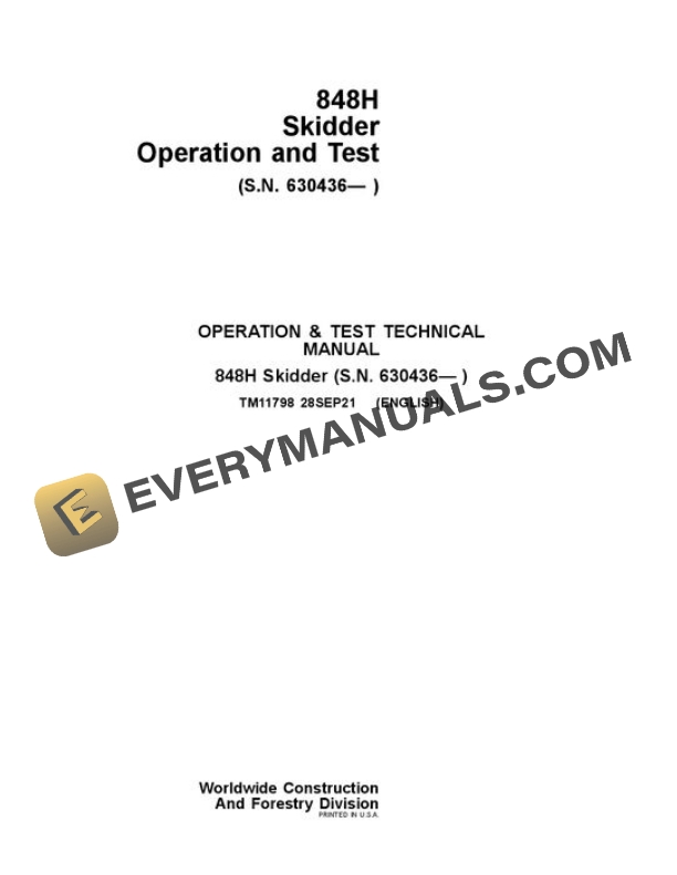 John Deere 848H Skidder Test Manual TM11798